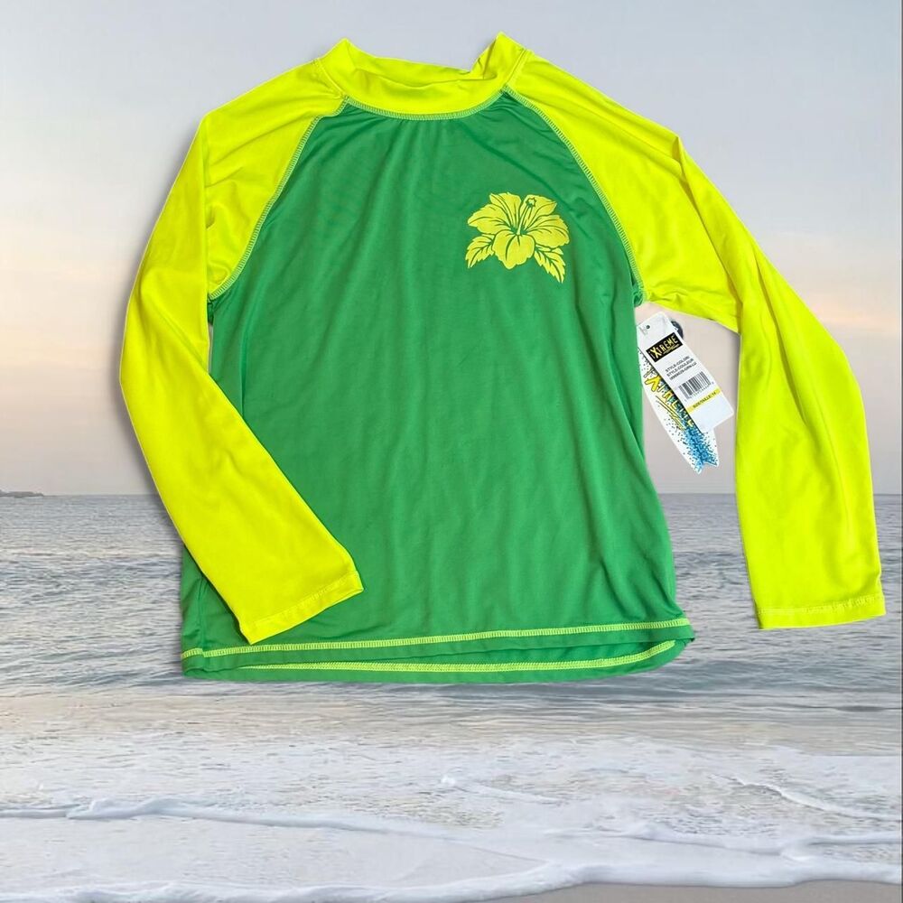 NWT Youth 14 iXtreme Green Yellow Hibiscus Long Sleeve Rash Guard